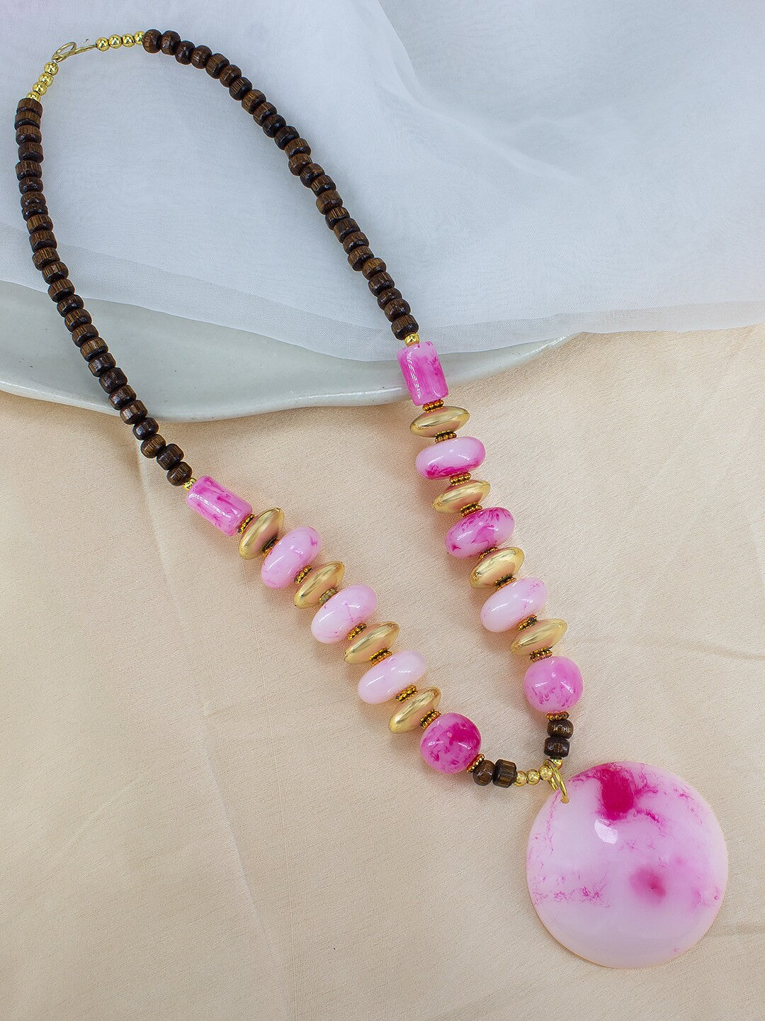 Gold Plated Pink Beaded Tibetan Style Necklace