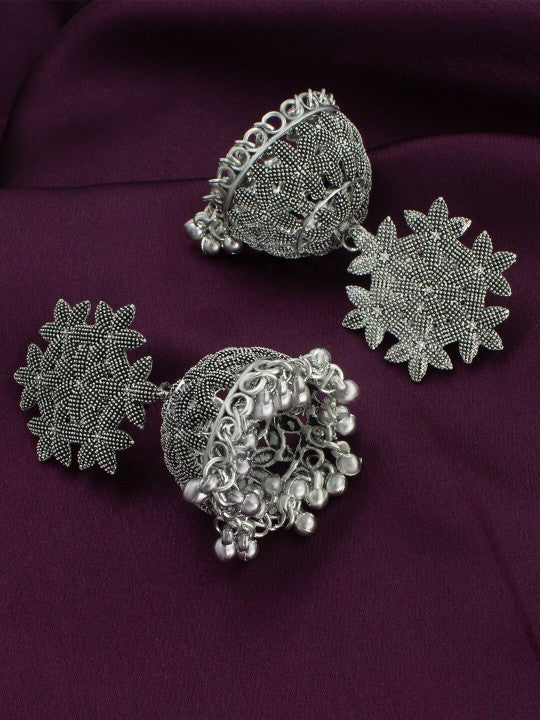 Silver-Plated Oxidised Floral Shaped Jhumkas