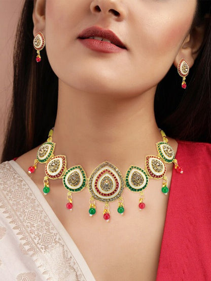 Gold Plated Red & Green Artificial Stones Jewellery Set