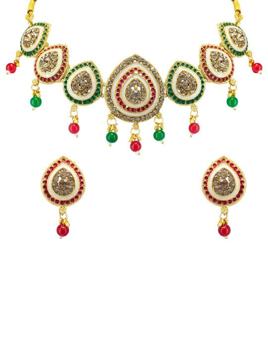 Gold Plated Red & Green Artificial Stones Jewellery Set