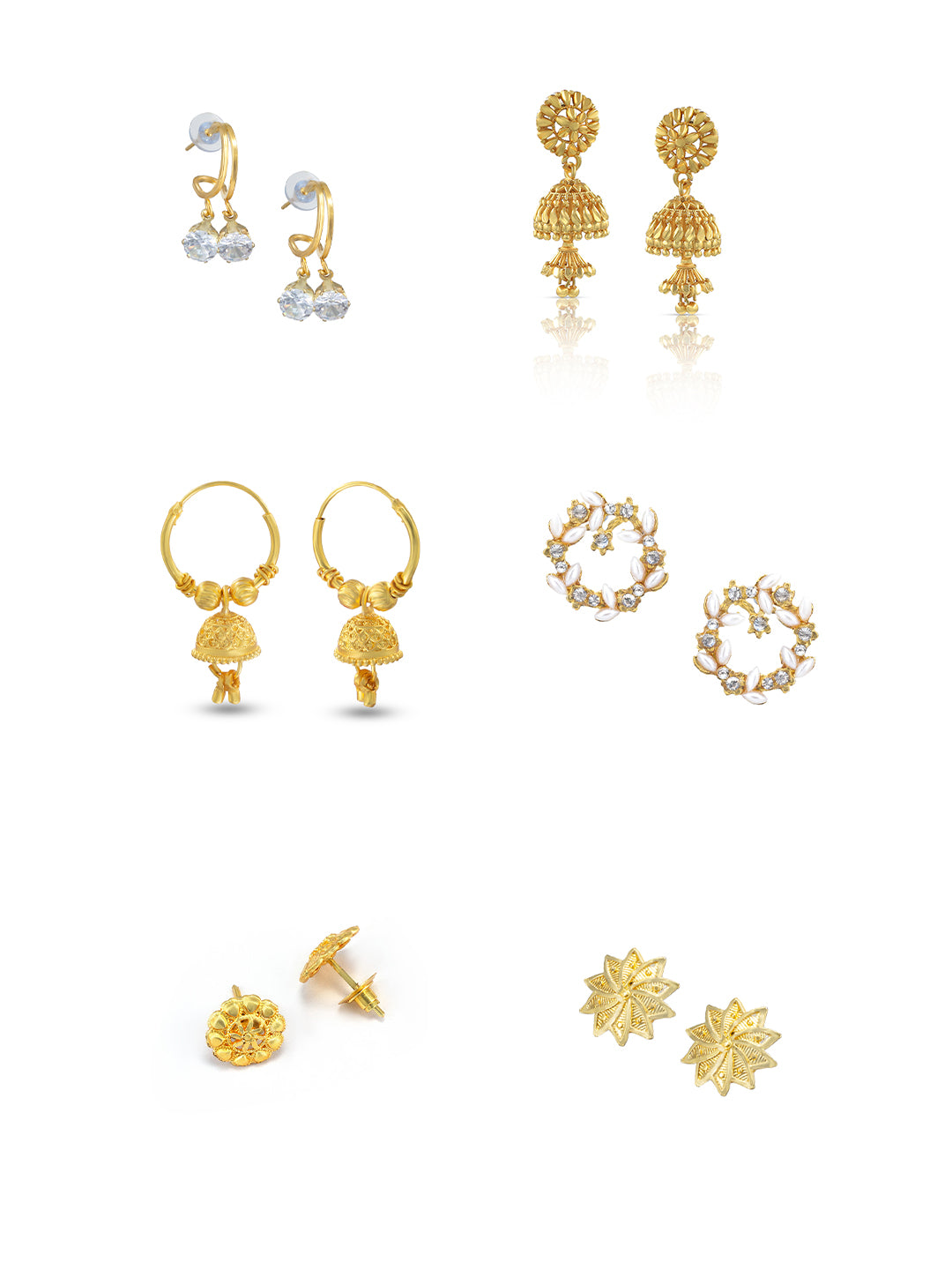 Pack of 6 Gold Plated Hoop, Jhumkas & Studs Earrings