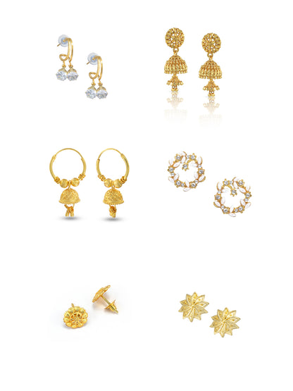 Pack of 6 Gold Plated Hoop, Jhumkas & Studs Earrings