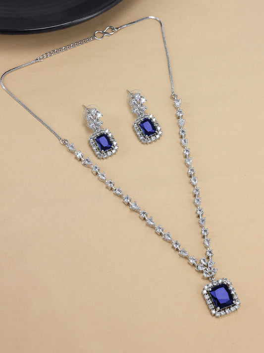 Rhodium-Plated Blue American Diamond Studded Jewellery Set