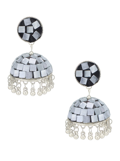 Silver Mirror Studded Bohemian Jhumka Earrings With Ring