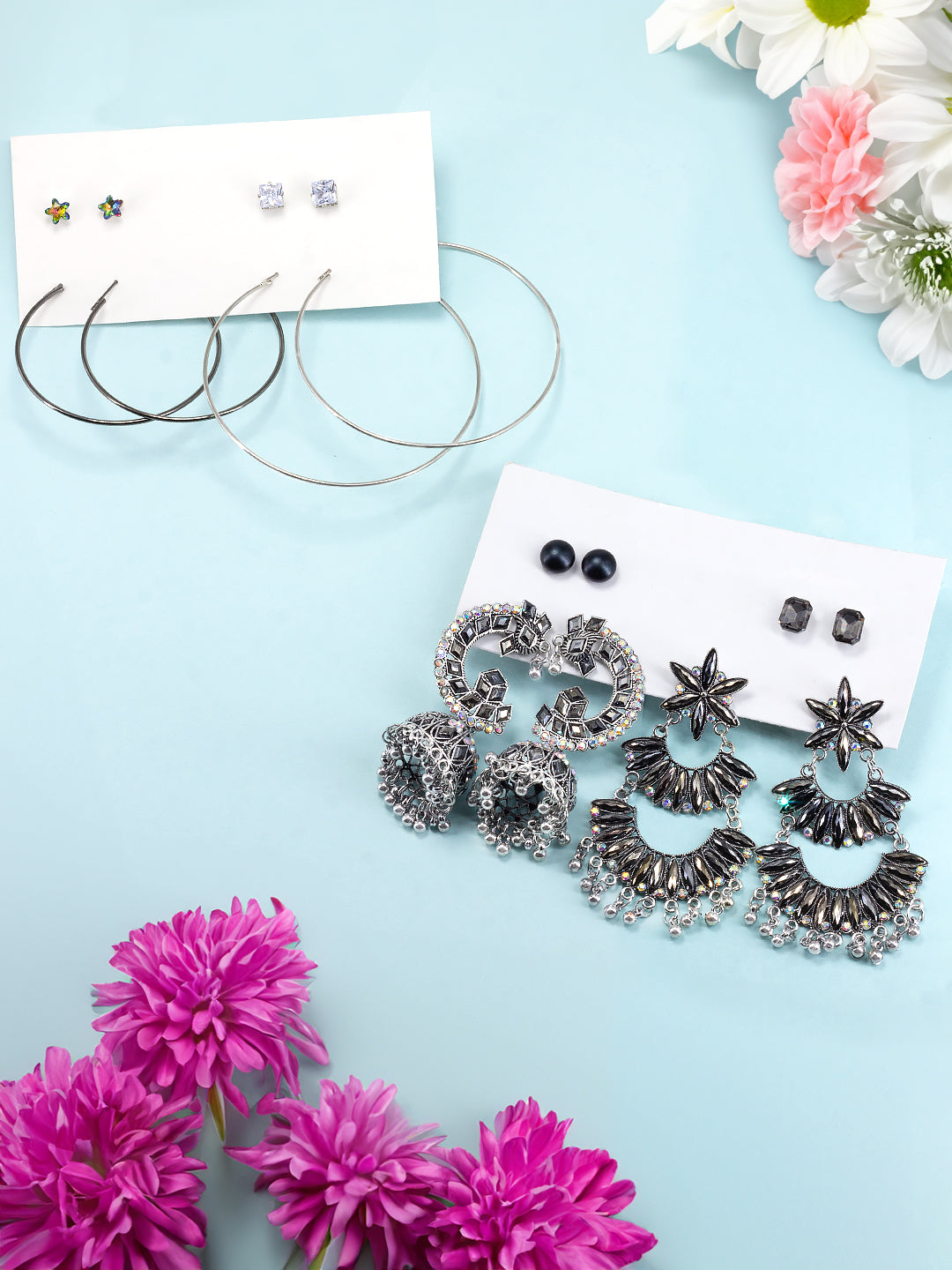 Pack of 8 Silver Oxidised Jhumka, Hoops & Studs Earrings Combo