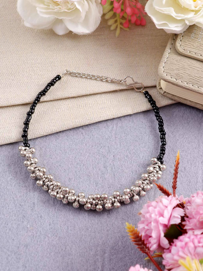 Silver Plated Black Artificial Beads Beaded Anklet