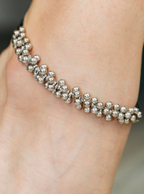 Silver Plated Black Artificial Beads Beaded Anklet