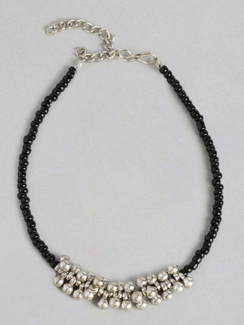 Silver Plated Black Artificial Beads Beaded Anklet