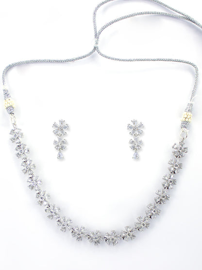 Rhodium-Plated Floral American Diamond Studded Jewellery Set