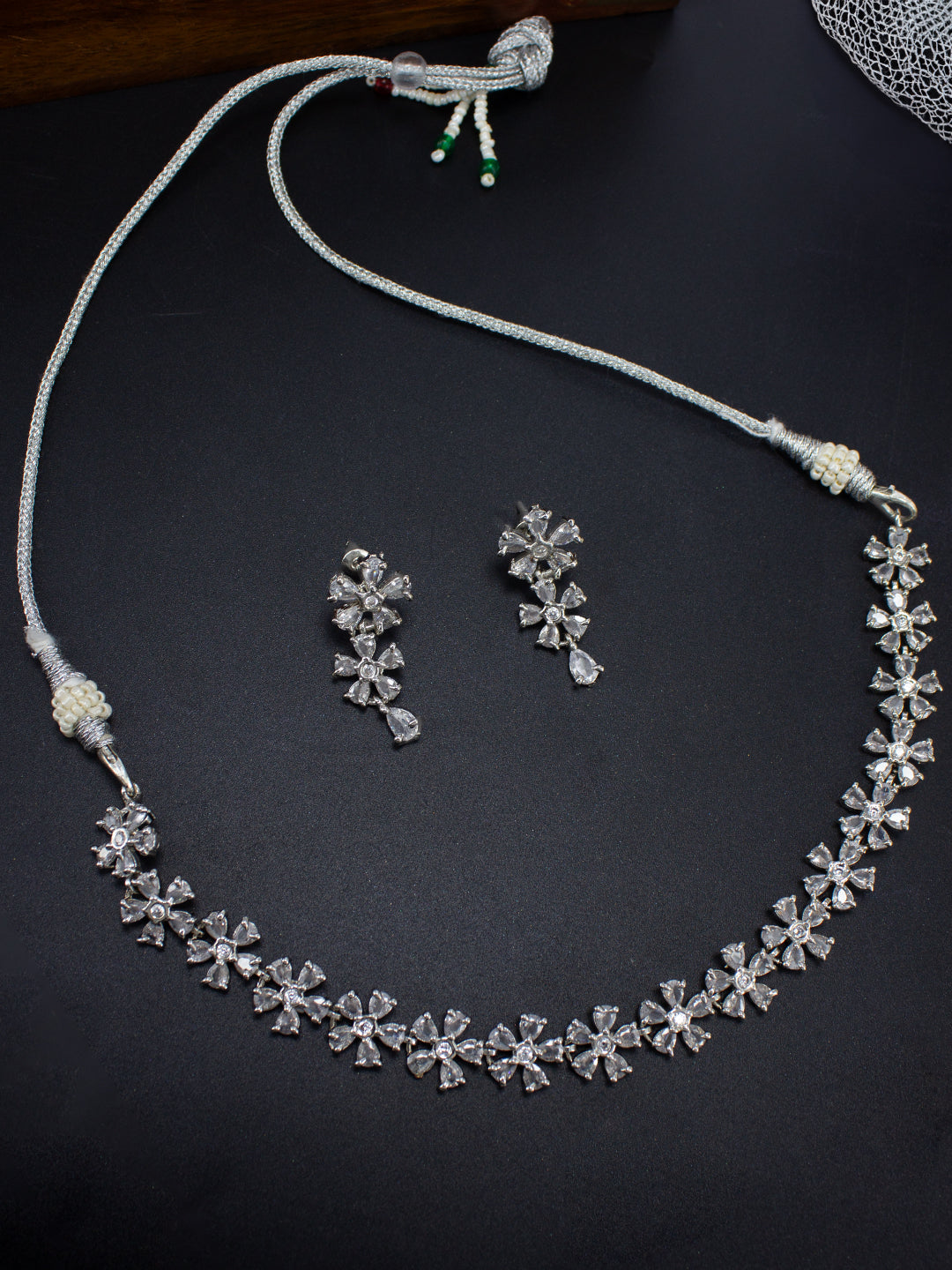 Rhodium-Plated Floral American Diamond Studded Jewellery Set