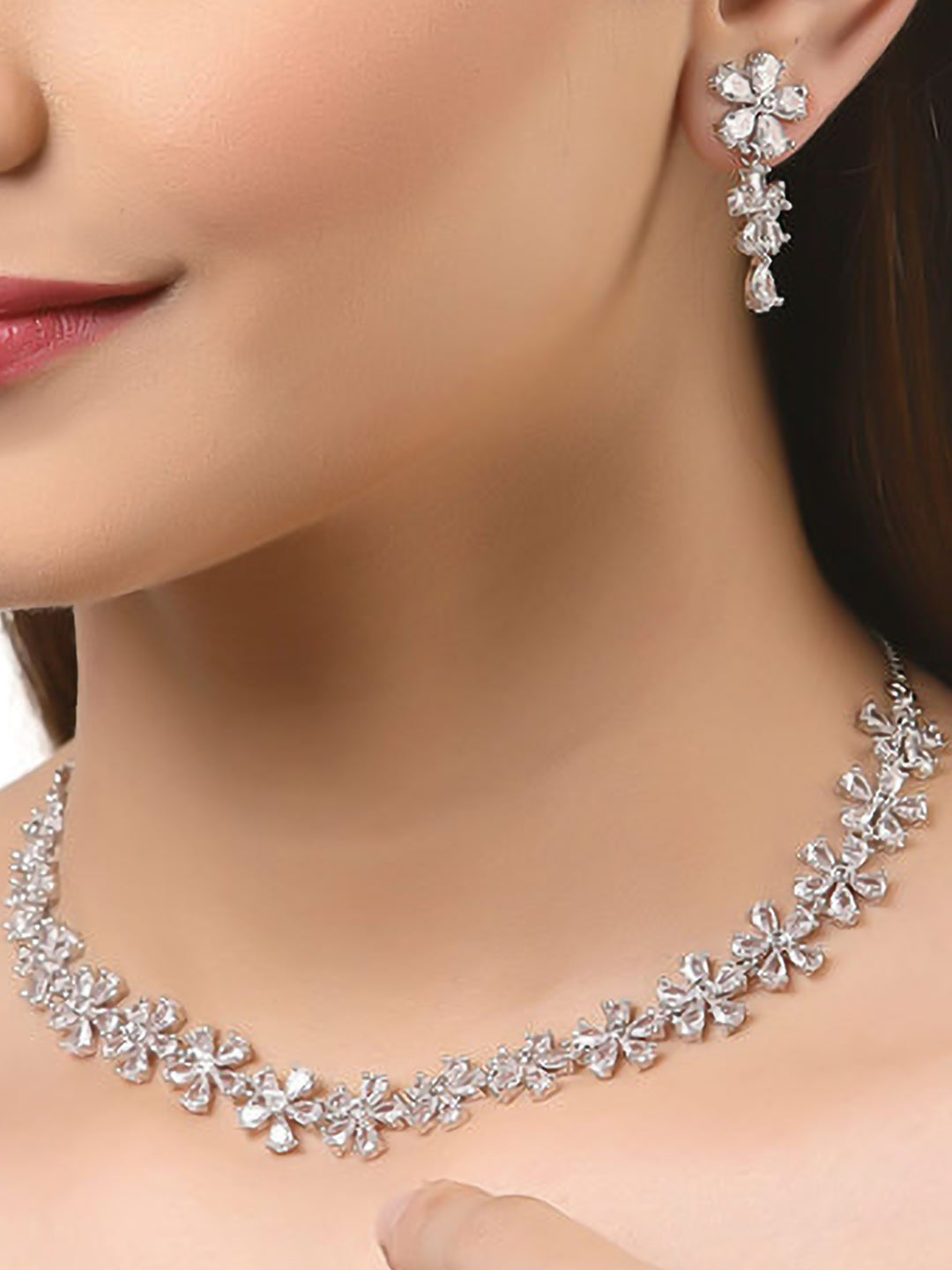 Rhodium-Plated Floral American Diamond Studded Jewellery Set