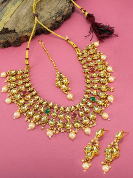 Gold Plated Kundan Studded Jewellary Set With Maangtika