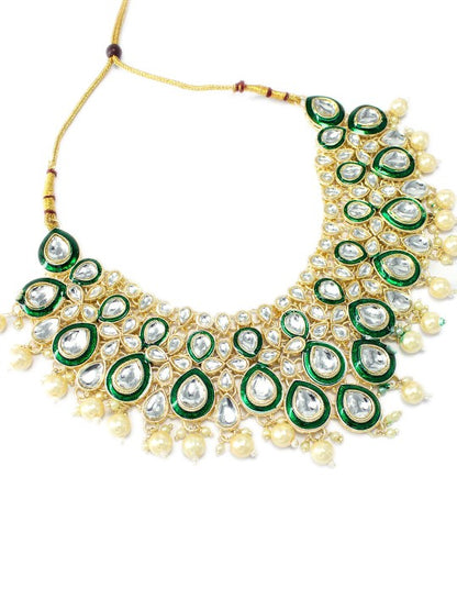 Gold Plated Green Kundan Studded Jewellery Set With Maangtika