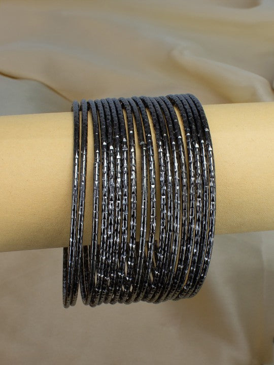 Set of 18 Gun Metal Plated Textured Bangles