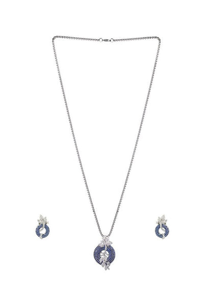 Rhodium-Plated American Diamond Studded Pendent & Earrings Set