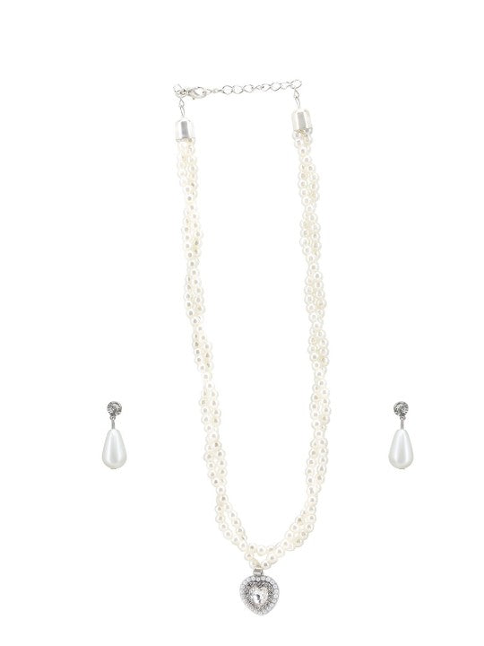 Silver Plated Heart Double Layered Stone & Pearl Beaded Moti Mala Trendy Necklace & Earrings