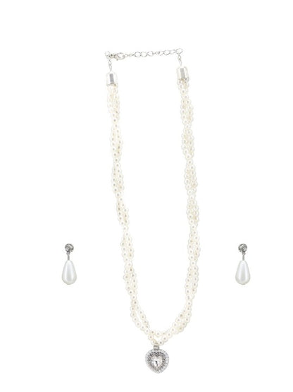 Silver Plated Heart Double Layered Stone & Pearl Beaded Moti Mala Trendy Necklace & Earrings