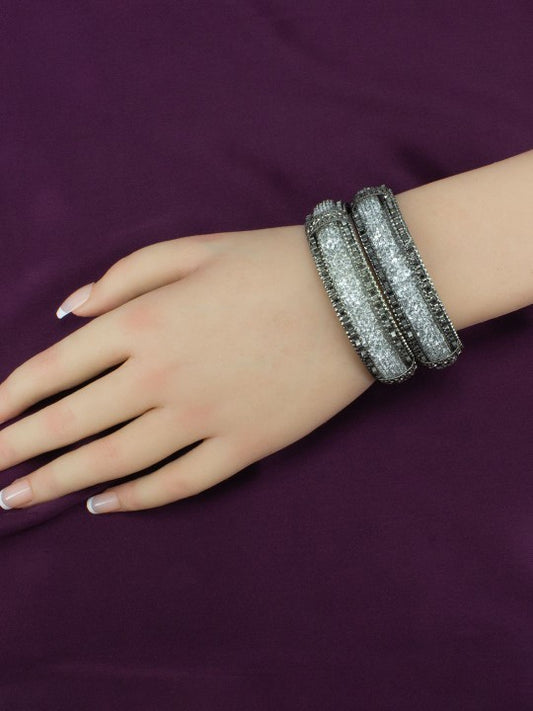 Set of 2 Gun Metal Crystal Beaded Bangle Set