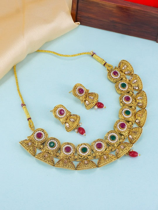 Gold-Plated Jhumki Design Stone-Studded Jewellery Set