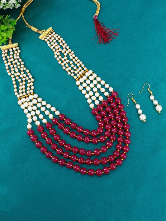 Gold Plated Pearls Beaded Layered Necklace & Earrings Set