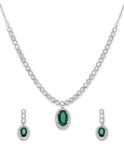 Rhodium Plated Green AD Trendy Necklace & Earrings Set