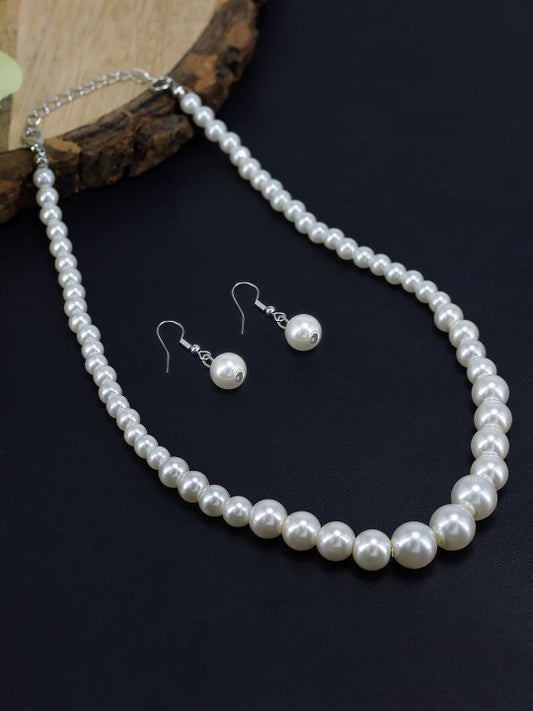 Silver Plated Pearl Beaded Moti Mala Trendy Necklace & Earrings