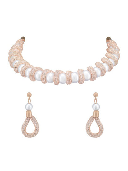 Rose Gold-Plated CZ Studded & Pearl Baeded Jewellery Set