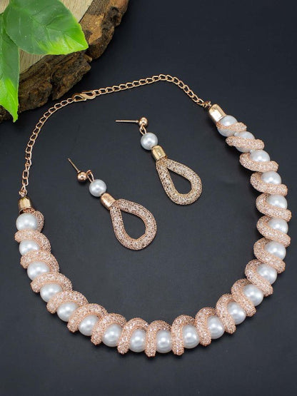 Rose Gold-Plated CZ Studded & Pearl Baeded Jewellery Set