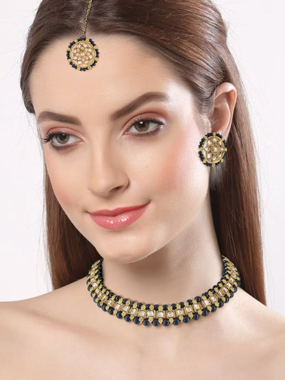 Gold-Plated Stone-Studded & Beaded Jewellery Set With Maangtika