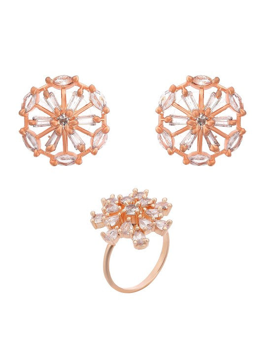 Rose Gold Plated American Diamond Earrings With Adjustable Finger Ring