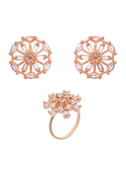 Rose Gold Plated American Diamond Earrings With Adjustable Finger Ring