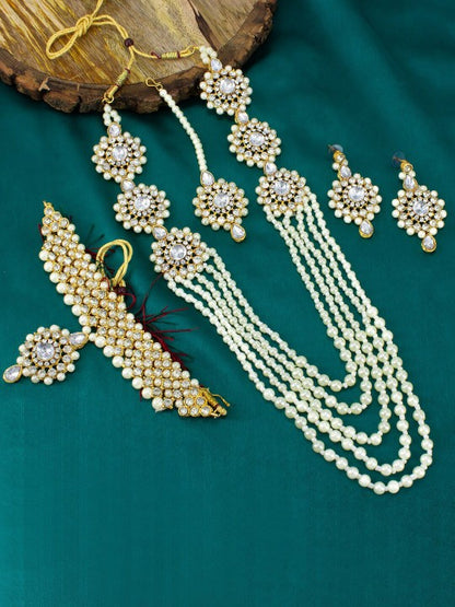 Gold-Plated Pearl Beaded Long & Short Necklace & Earrings Jewellery Set With Maangtika