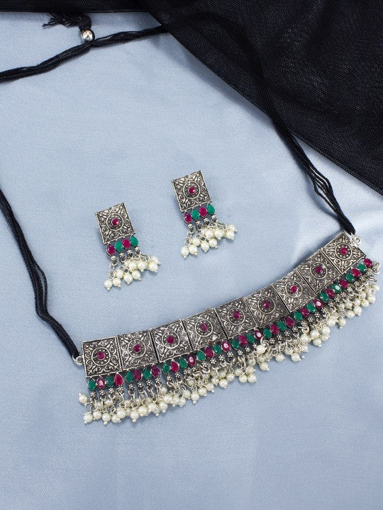 Silver Oxidised Stone Studded & Beaded Jewellery Set