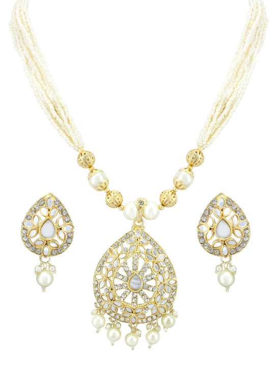 Gold-Plated Stone-Studded & Beaded Teardrop Necklace & Earrings