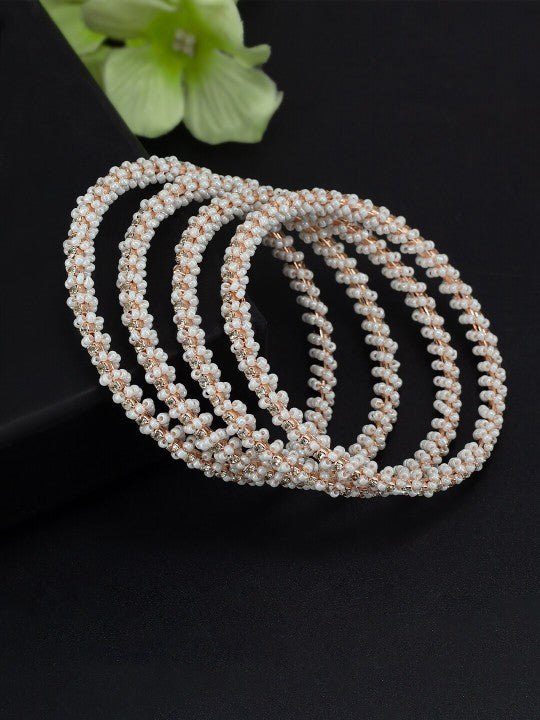 Set of 4 Rose Gold Plated White Beaded Bangles