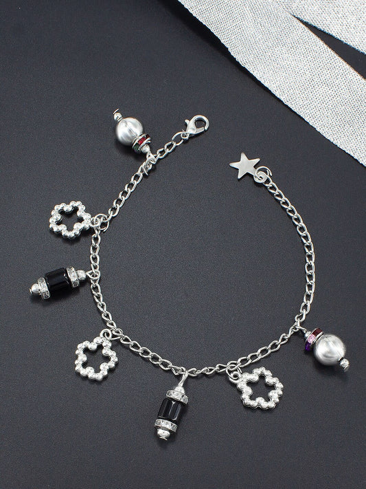 Silver-Plated Stones-Studded  Beaded Anklet For Women