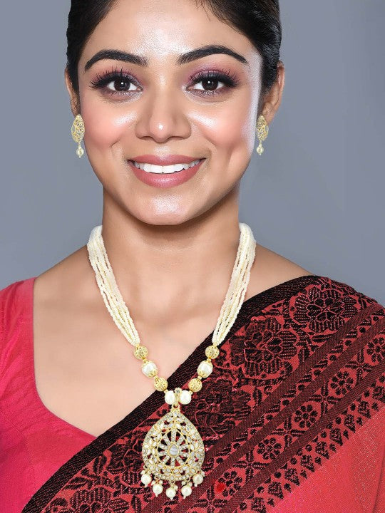 Gold-Plated Stone-Studded & Beaded Teardrop Necklace & Earrings