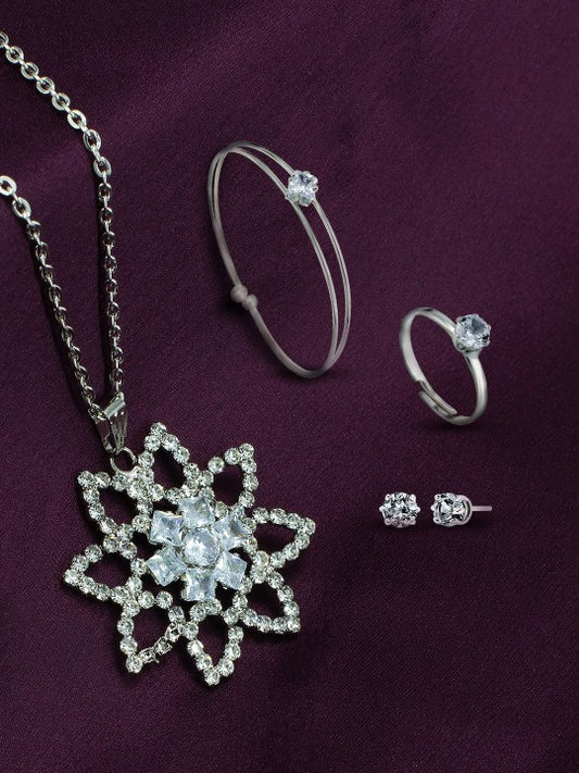 Silver-Plated Flower Design Pendant Set With Bracelet