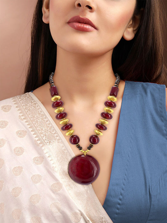 Gold Plated Red Beaded Tibetan Style Necklace