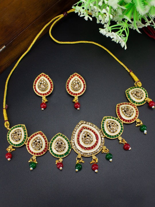 Gold Plated Red & Green Artificial Stones Jewellery Set