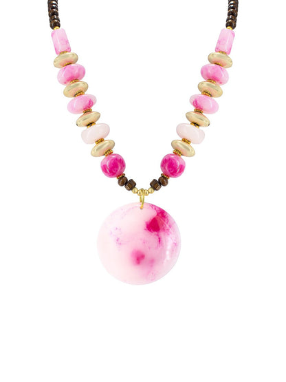 Gold Plated Pink Beaded Tibetan Style Necklace