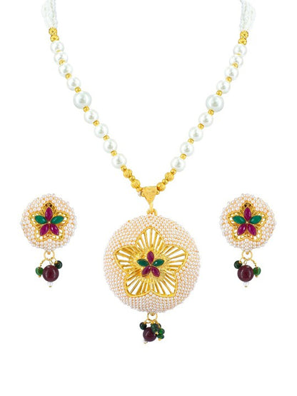 Gold Plated Pearls Beaded Floral Necklace & Earrings Set