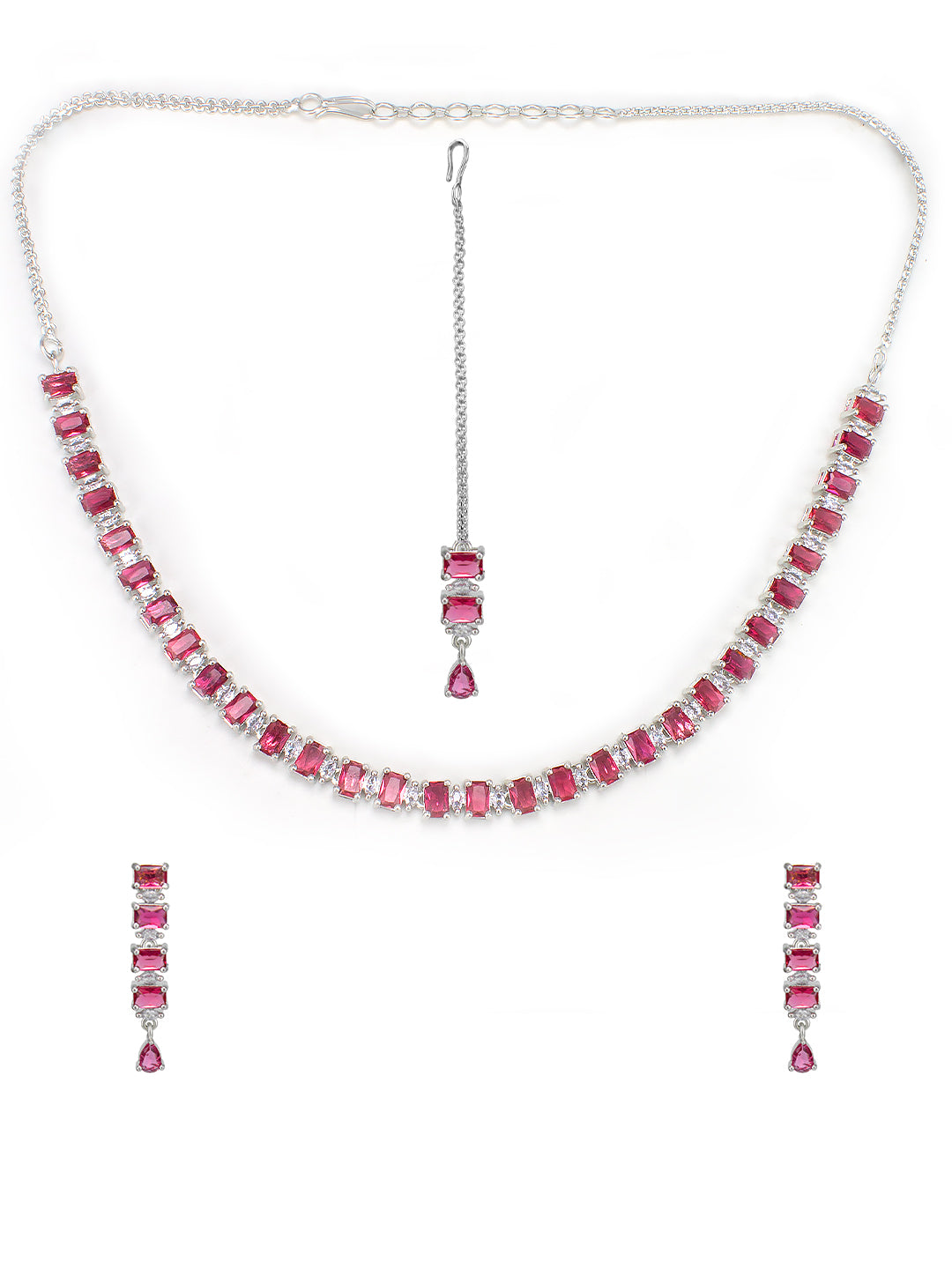 Rhodium-Plated Red American Diamond Studded Jewellery Set With Maangtika