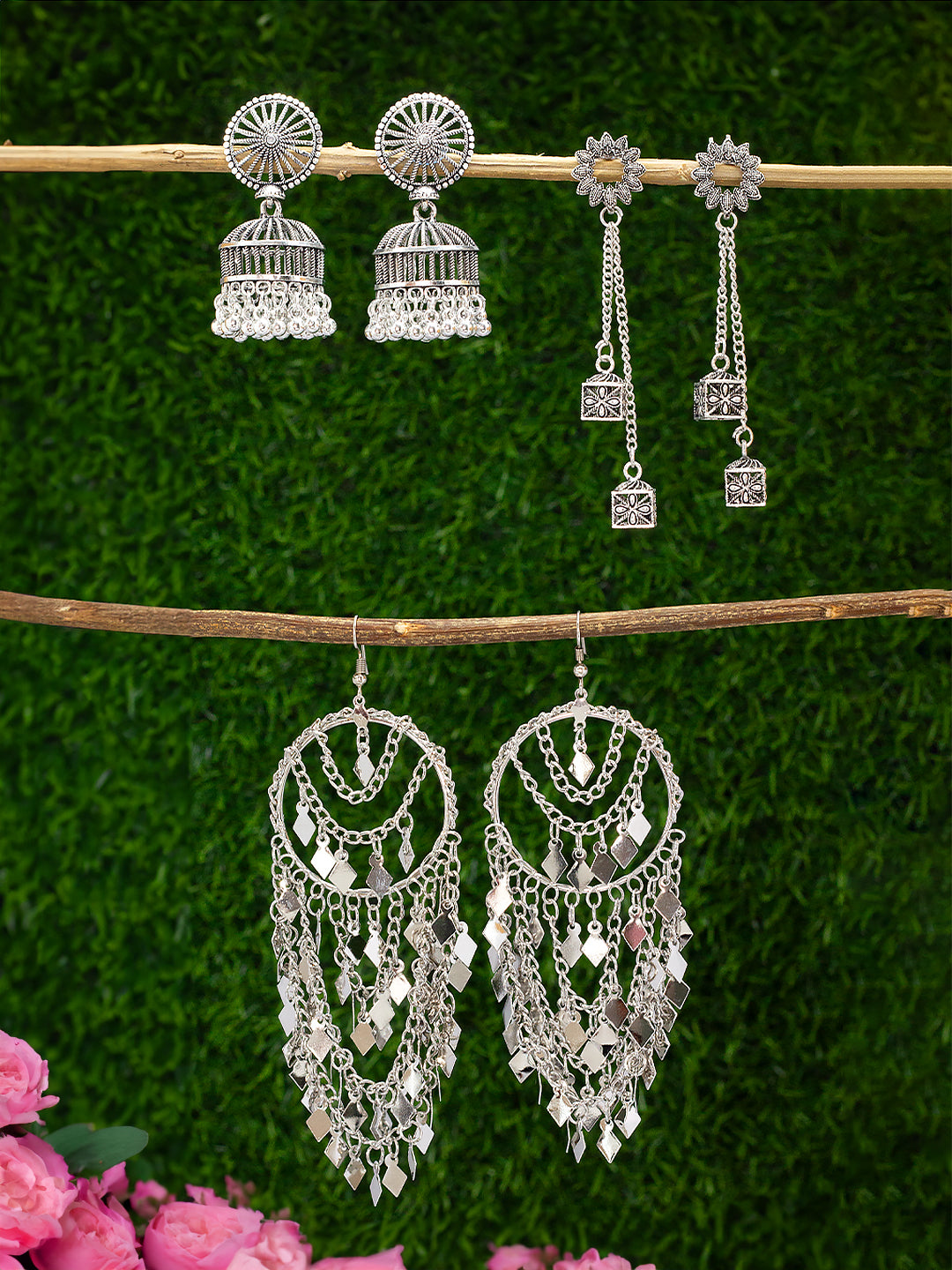 Pack of 3 Silver Oxidised Jhumka & Drop Earrings