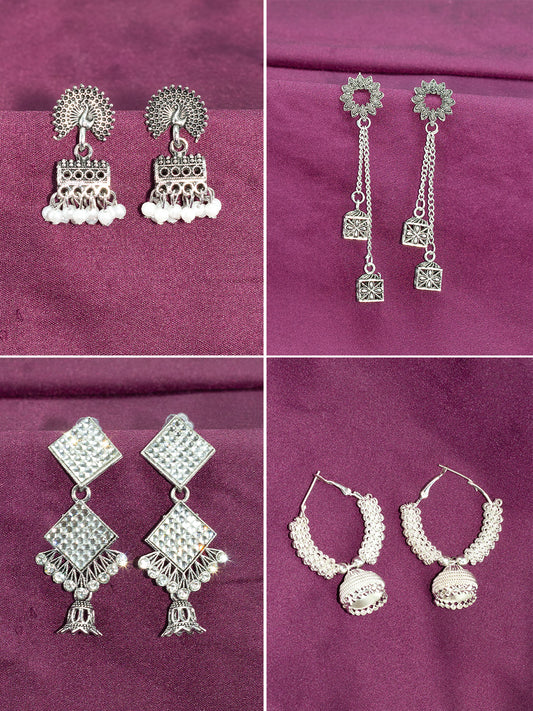 Pack of 4 Silver Plated Artificial Stones Studded Jhumka Earrings