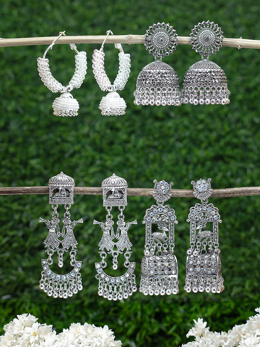 Pack of 4 Silver Plated Artificial Stones Studded Jhumka & Hoop Earrings