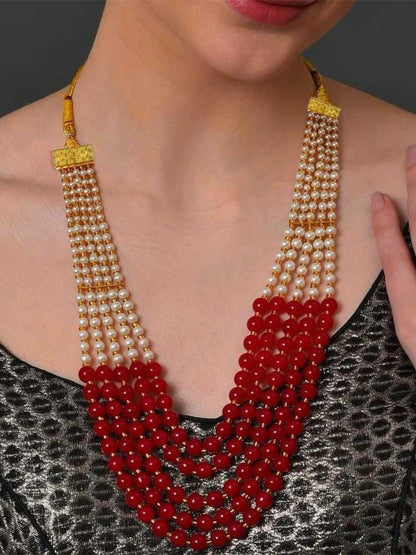 Gold Plated Pearls Beaded Layered Necklace & Earrings Set