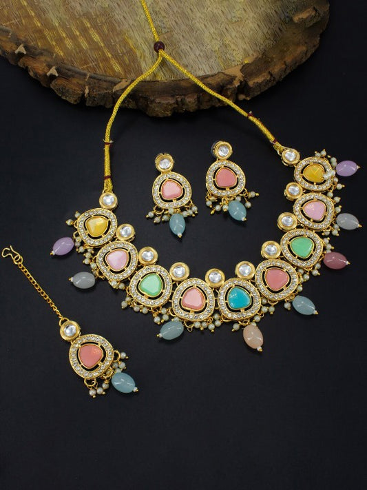 Gold-Plated Kundan Stone-Studded Jewellery Set With Maangtika