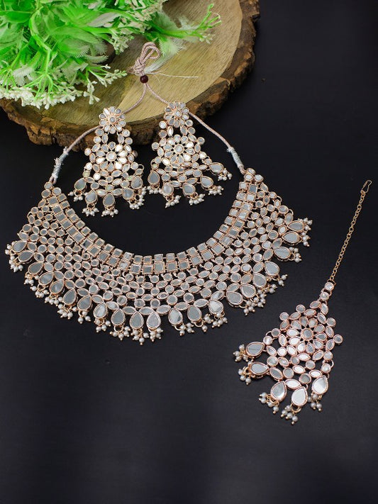 Rose Gold-Plated Mirror-Studded & Pearls Beaded Jewellery Set With Maangtika