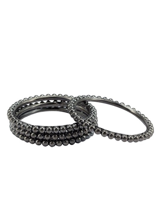 Set of 4 Silver Oxidised Gun Metal Color Beaded Bangles